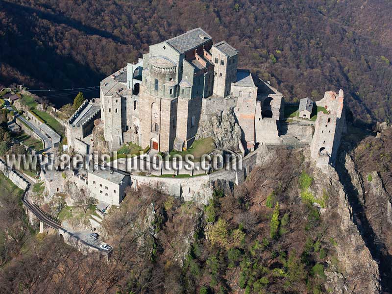 AERIAL VIEW photo of Saint Michael's Abbey, Piedmont, Italy. VEDUTA AEREA foto, Sacra di San Michele, Piemonte, Italia.