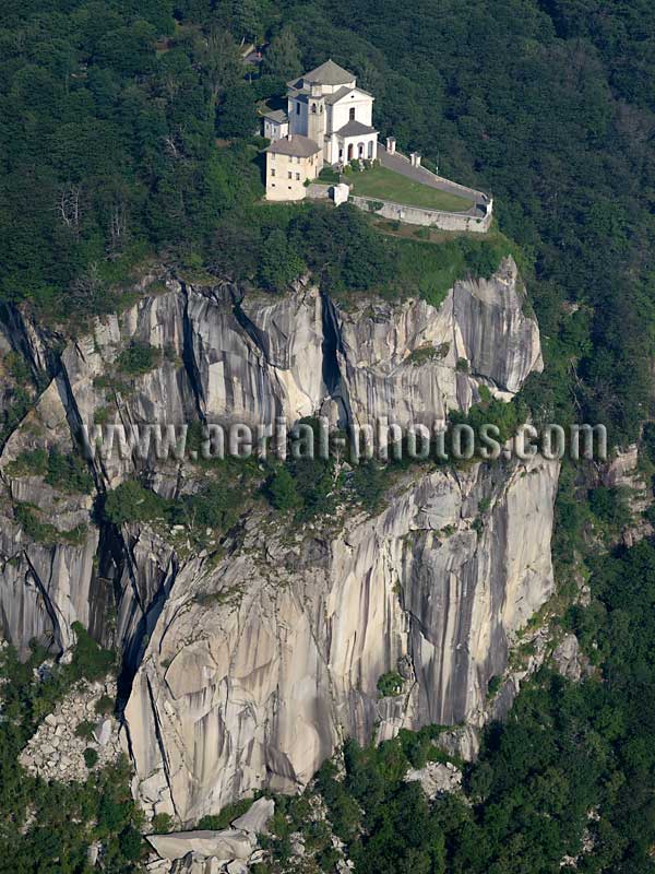 AERIAL VIEW photo of Madonna del Sasso Sanctuary, Lake Orta, Piedmont, Italy. VEDUTA AEREA foto, Santuario della Madonna del Sasso, Lago di Orta, Piemonte, Italia.