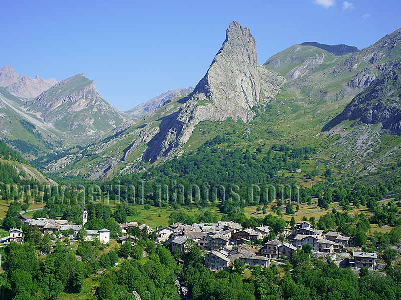 Aerial view of Chiappera in the Maira Valley, Piedmont, Italy. VEDUTA AEREA foto.