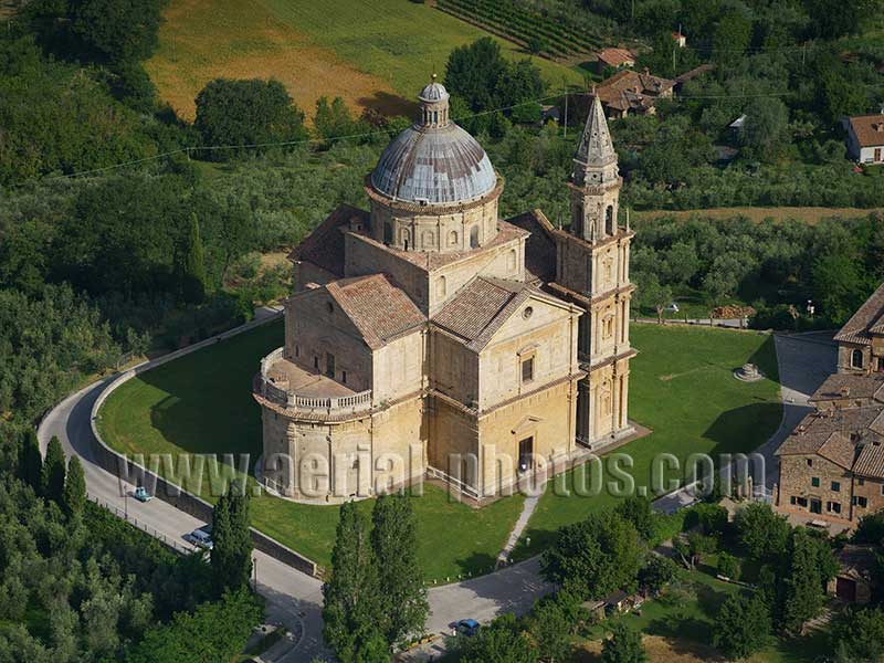 AERIAL VIEW photo of San Biagio Church, Montepulciano, Tuscany, Italy. VEDUTA AEREA foto, Toscana, Italia.