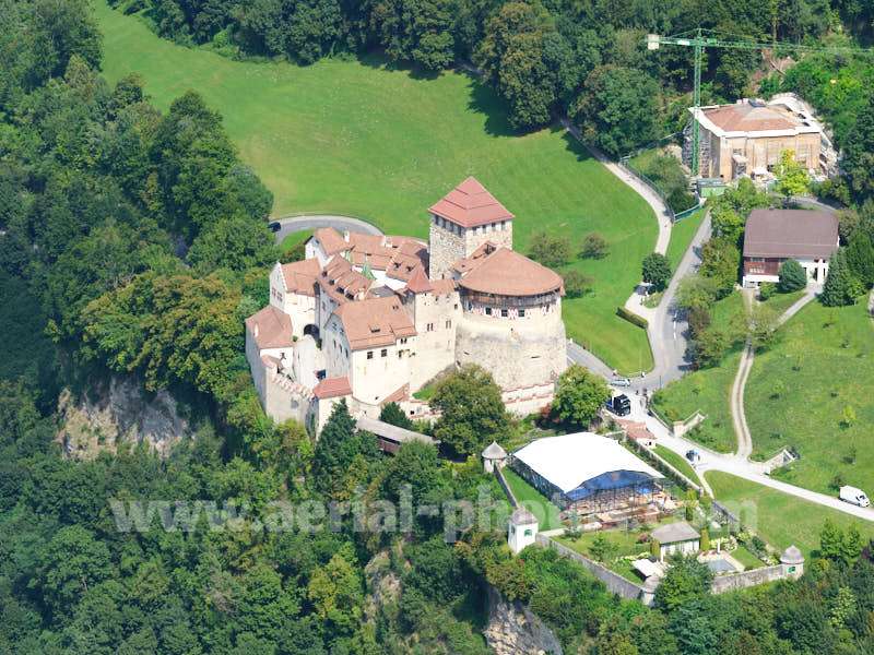 AERIAL VIEW photo of the meideval castle of Vaduz in Liechtenstein.