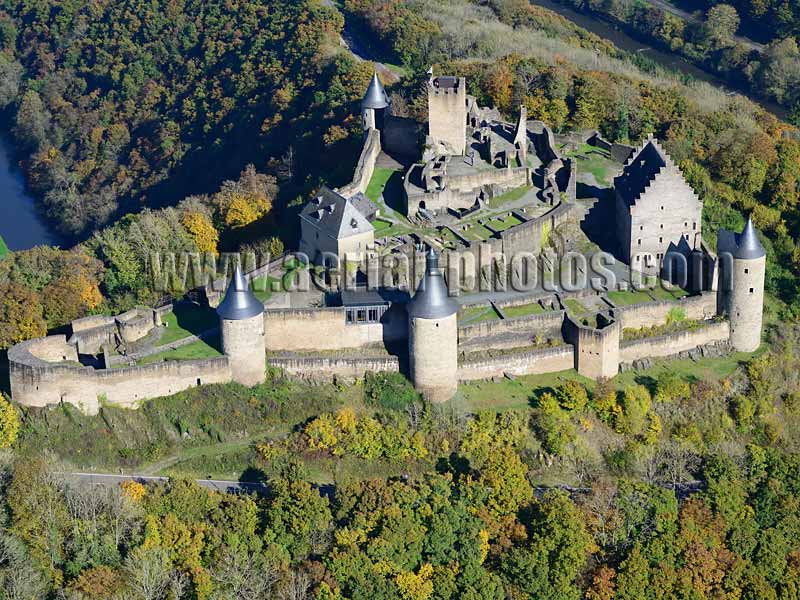 AERIAL VIEW photo of Bourscheid Castle, Diekirch District, Luxembourg. VUE AERIENNE, Château de Bourscheid.