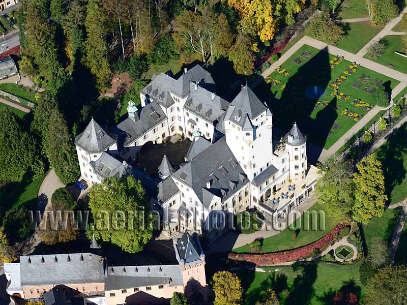 AERIAL VIEW photo of Berg Castle, Colmar-Berg, Luxembourg. VUE AERIENNE, Château de Berg.