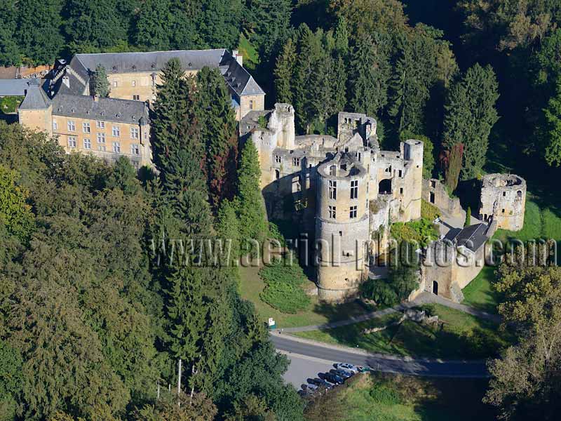 AERIAL VIEW photo of Beaufort Castle, Grevenmacher District, Luxembourg. VUE AERIENNE, Château de Beaufort.