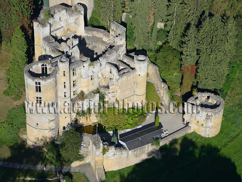 AERIAL VIEW photo of Beaufort Castle, Grevenmacher District, Luxembourg. VUE AERIENNE, Château de Beaufort.
