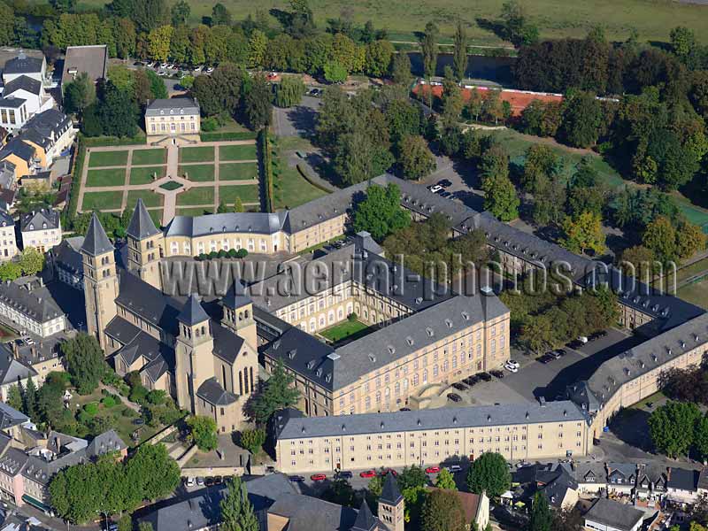 AERIAL VIEW photo of Echternach Abbey, Grevenmacher District, Luxembourg. VUE AERIENNE, Abbaye d'Echternach.