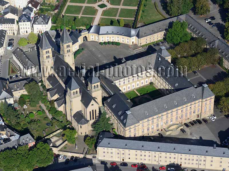 AERIAL VIEW photo of Echternach Abbey, Grevenmacher District, Luxembourg. VUE AERIENNE, Abbaye d'Echternach.