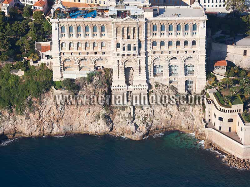 Aerial view, Oceanographic Museum, The Rock, Monaco. Vue aérienne, Le Rocher, Musée Océanographique.