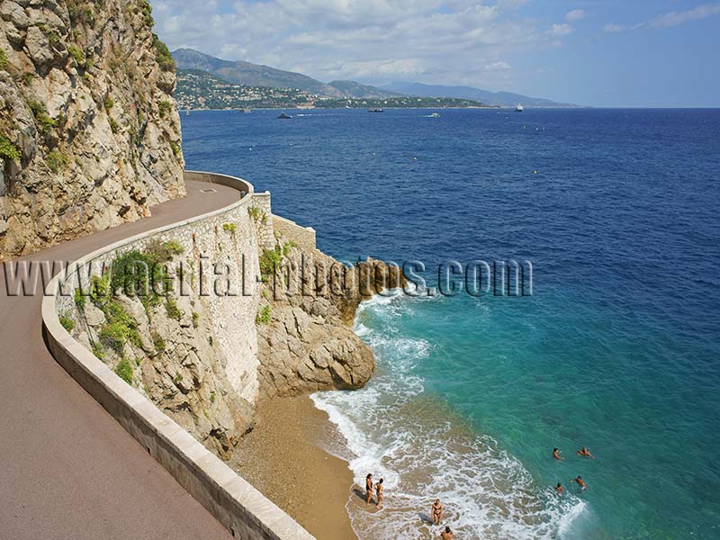 Aerial view, secluded beach, The Rock, Monaco. Vue aérienne.