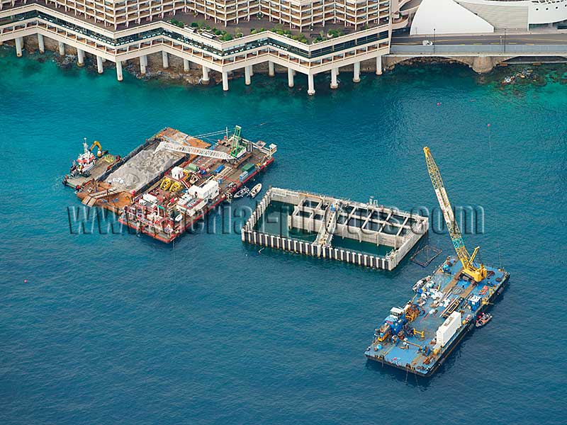 Aerial view, land extension project, reclamation, Portier Cove, Monaco. Vue aérienne.