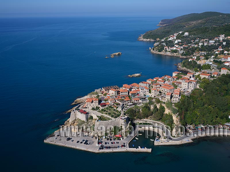 AERIAL VIEW photo of Sveti Stefan, Montenegro. POGLED IZ VAZDUHA Crna Gora.