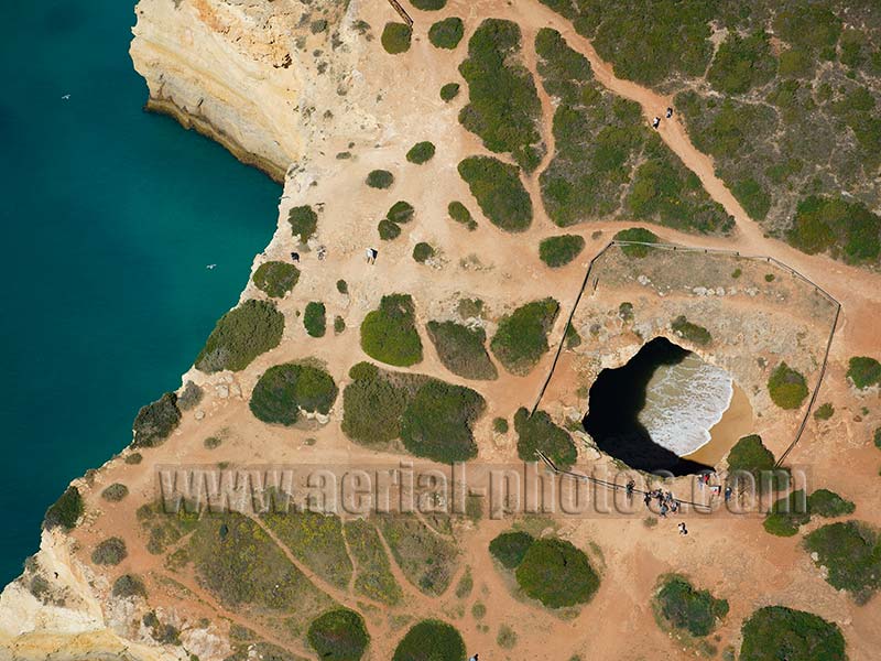 AERIAL VIEW photo of a sea cave, Algar de Benagil, Lagoa, Algarve, Portugal. VISTA AEREA.