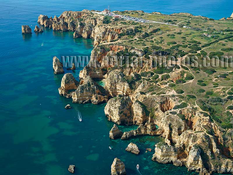 AERIAL VIEW photo of a rock formation, Lagos, Algarve, Portugal. VISTA AEREA Ponte da Piedade.