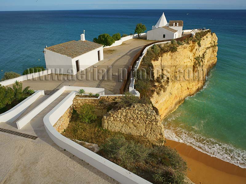AERIAL VIEW photo of a chapel and a fort, Porches, Lagoa, Algarve, Portugal. VISTA AEREA capela / forte de Nossa Senhora da Rocha.
