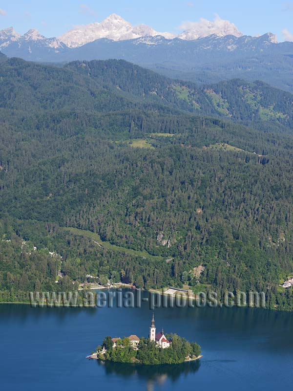 AERIAL VIEW photo of Lake Bled, Mount Triglav, Upper Carniola, Slovenia. SLIKA ZRAKA Blejsko Jezero, Gorenjska, Slovenija.