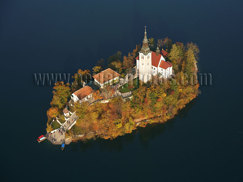 AERIAL VIEW photo of an island on Lake Bled, Upper Carniola, Slovenia. SLIKA ZRAKA Blejsko Jezero, Gorenjska, Slovenija.