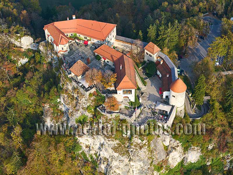 AERIAL VIEW photo of Bled Castle, Upper Carniola, Slovenia. SLIKA ZRAKA Blejski Grad, Gorenjska, Slovenija.