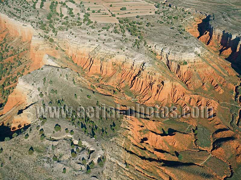 AERIAL VIEW photo of a red canyon, Teruel, Aragon, Spain. VISTA AEREA Cañon Rojo, Rambla de Barrachina, España.