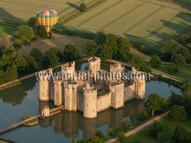 Aerial view, hot air ballon above Bodiam Castle, East Sussex, England, United Kingdom.