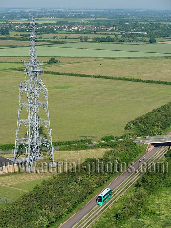 AERIAL VIEW photo of a double-decker bus on a guided busway, Cambridge, England, United Kingdom.