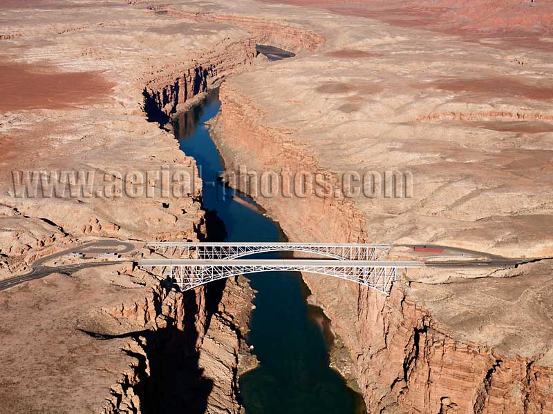 Aerial view of Navajo Bridge, Colorado River, Marble Canyon, Navajo land, Arizona, USA.