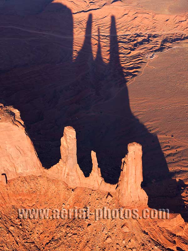 Aerial view of the Three Sisters Rock Formation, Monument Valley, Navajo Tribal Park, Arizona, USA.