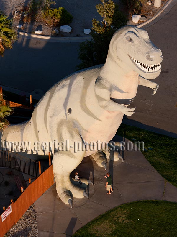 Aerial view of a road side attraction, tyrannosaur. Cabazon, California, USA.