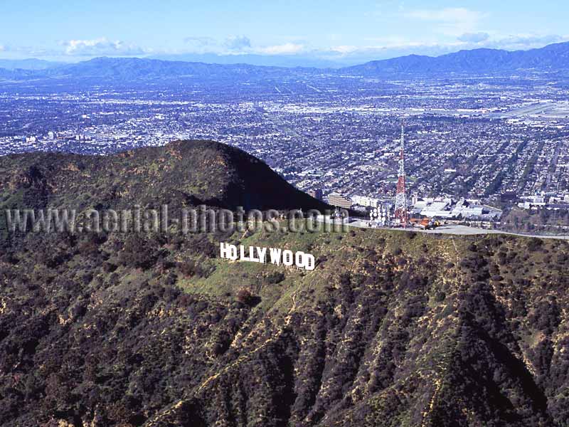 Aerial view of the Hollywood Sign and the San Fernando Valley, Los Angeles, California, USA.