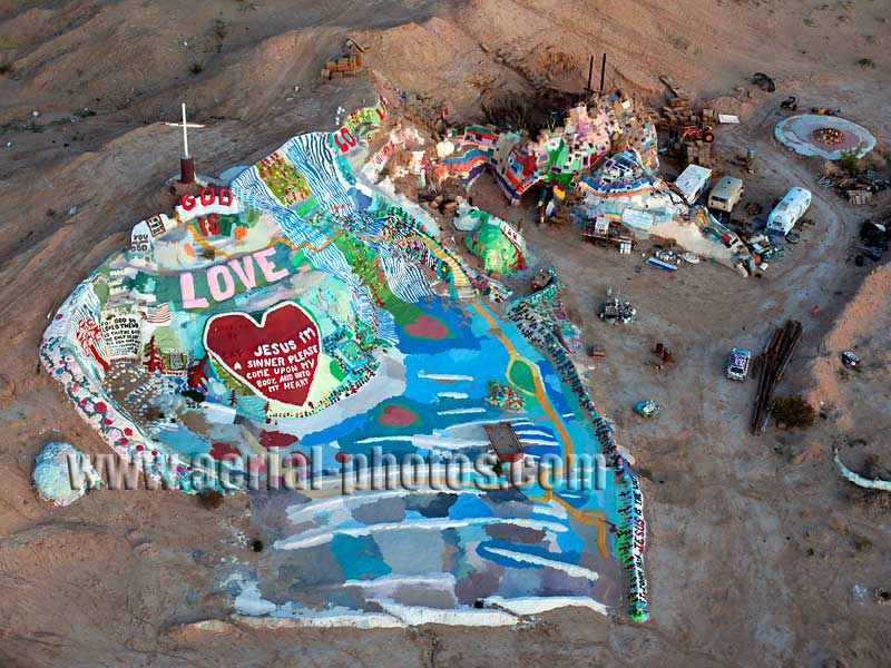 Aerial view of Salvation Mountain built by Leonard Knight. Niland, California, USA.