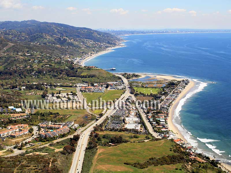 Aerial view of Malibu, the Santa Monica Mountains and the Pacific Ocean, Los Angeles, California, USA.