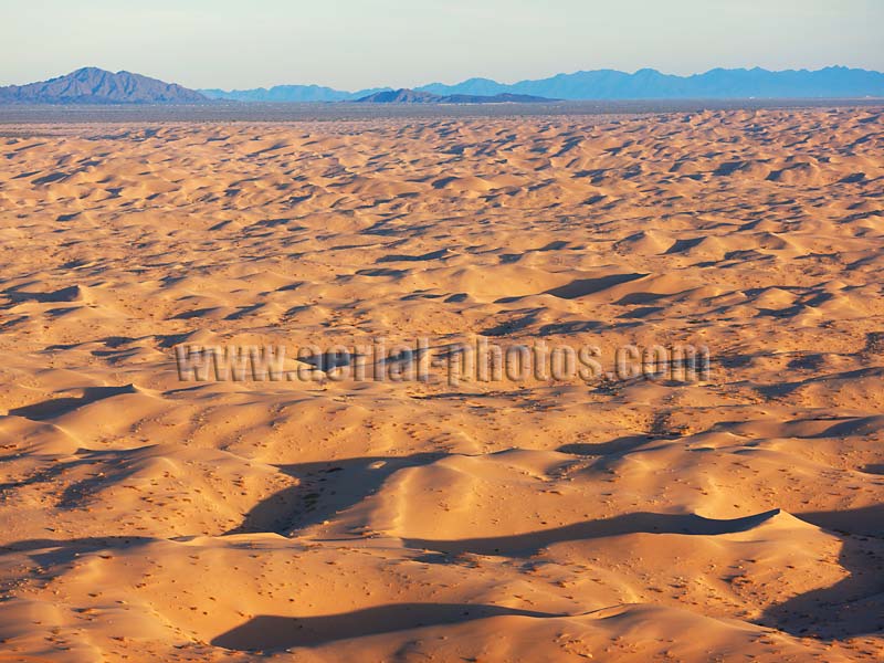 Aerial view of the Algodones Dunes at sunset. Glamis, Sonoran Desert, Imperial County, California, USA.