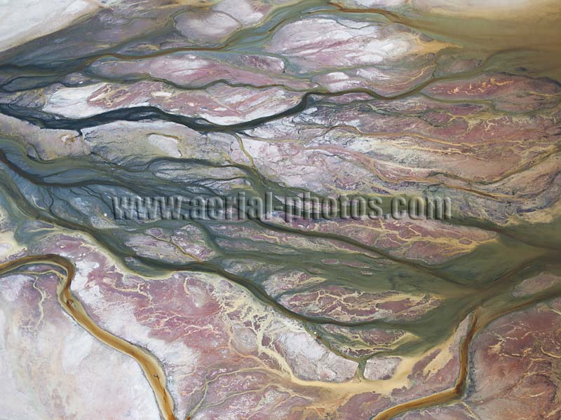 Aerial view of a delta, manufactured landscape at Searles Dry Lake, Trona, Mojave Desert, California, USA.