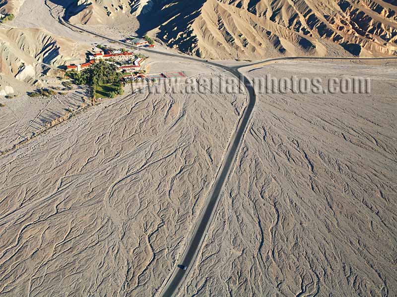 Aerial view of an alluvial fan, Oasis of Furnace Creek Inn, Death Valley National Park, California, USA.