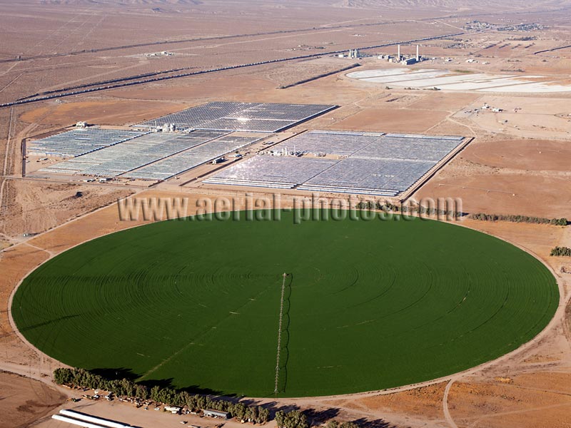 AERIAL VIEW photo of agriculture, center pivot irrigation, Yermo, Mojave Desert, California, United States.