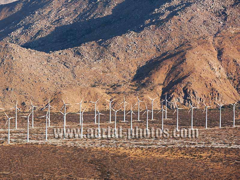 AERIAL VIEW photo of wind turbines, renewable energy, San Gorgonio Pass, California, United States.