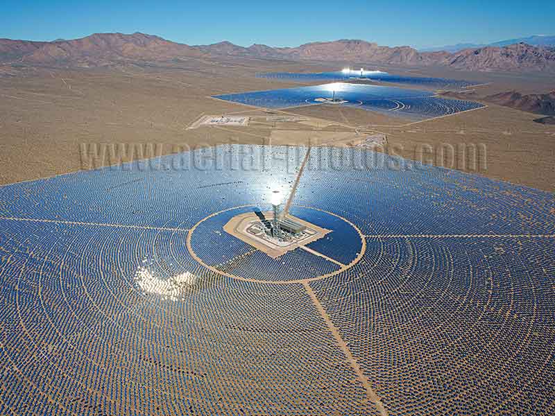 AERIAL VIEW photo of the Ivanpah Solar Power Plant, renewable energy in the Mojave Desert, California, United States.