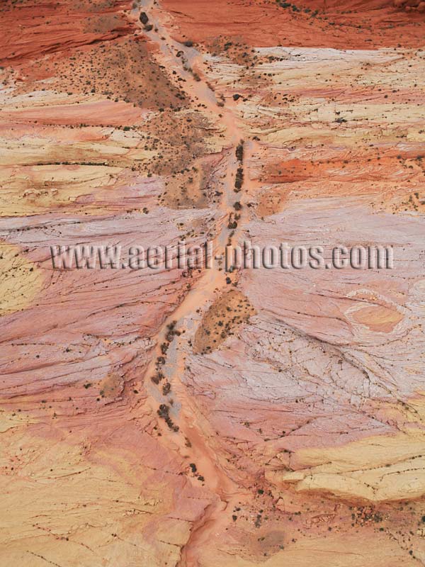 Aerial view of a dry riverbed, Valley of Fire State Park, Mojave Desert, Nevada, USA.