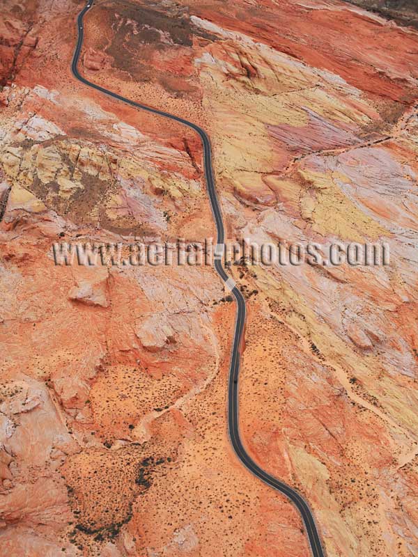 Aerial view of Rainbow Vista scenic road, Valley of Fire State Park, Mojave Desert, Nevada, USA.
