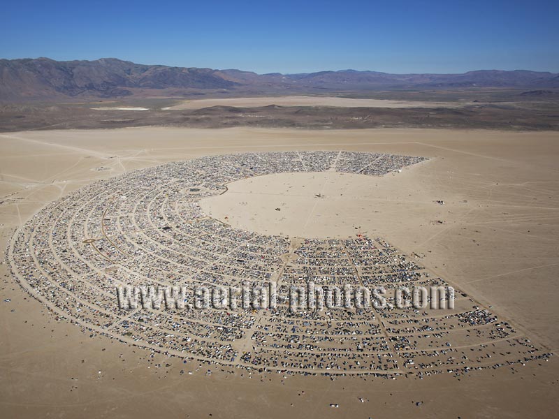 Aerial view of Black Rock City, Burning Man event near Gerlach, Pershing County, Nevada, USA.