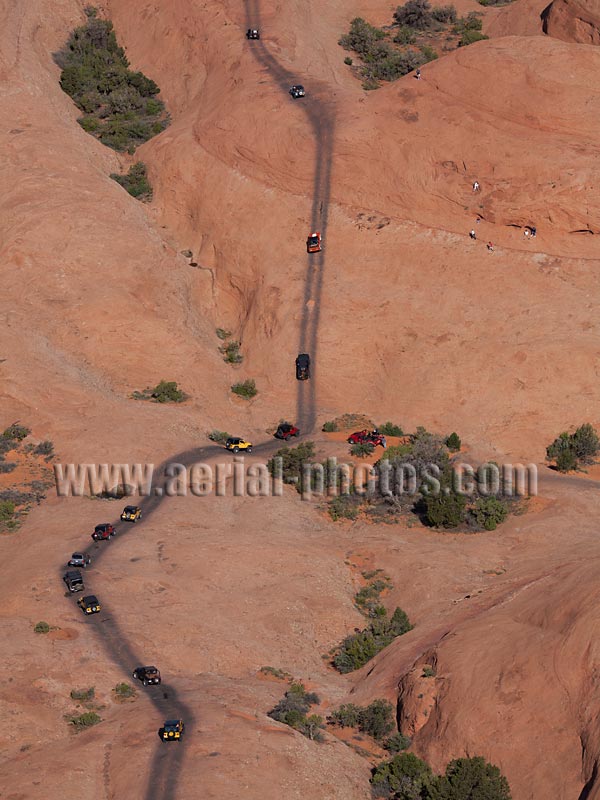 Aerial view of four-wheel drive expedition, Jeep Jamboree, Hells Revenge Trail, Moab Slick Rock, Utah, USA.