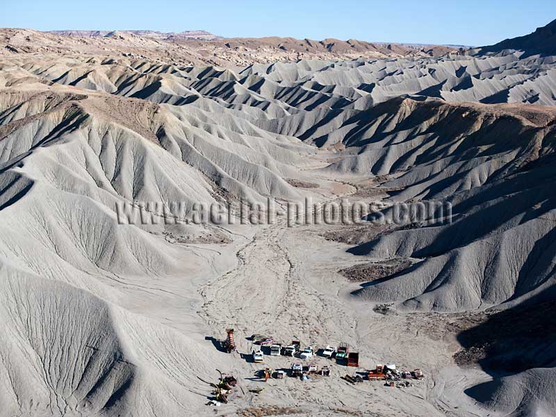 Aerial view of badlands and junk yard, Caineville, Utah Desert, Colorado Plateau, USA.